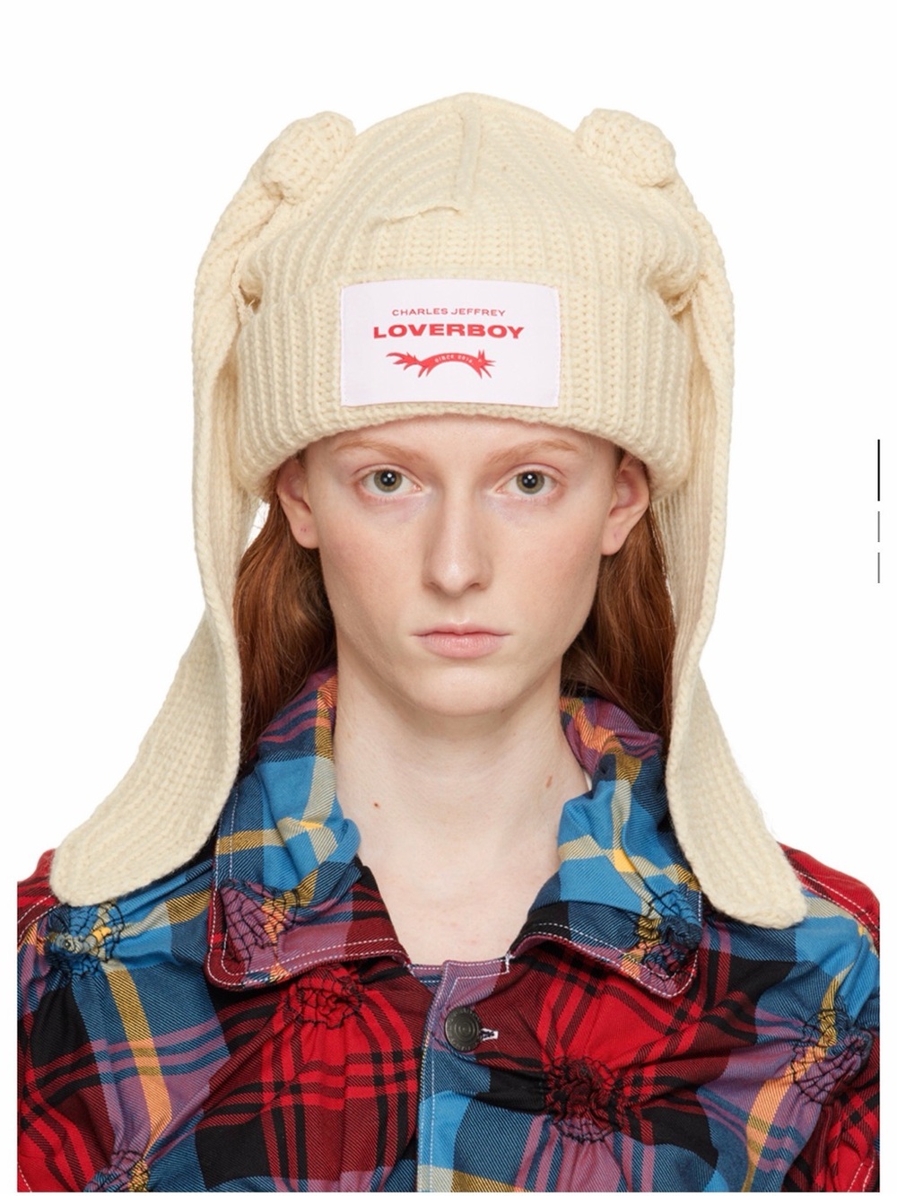 LOVERBOY Charles Jeffrey Cream Knit Earflap Beanie